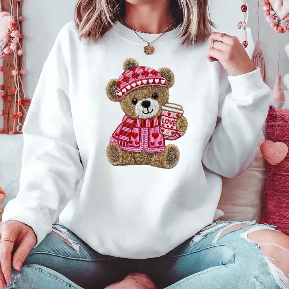 Love Coffee Teddy Valentine Sweatshirt – Furry Look 3D Print Sweater