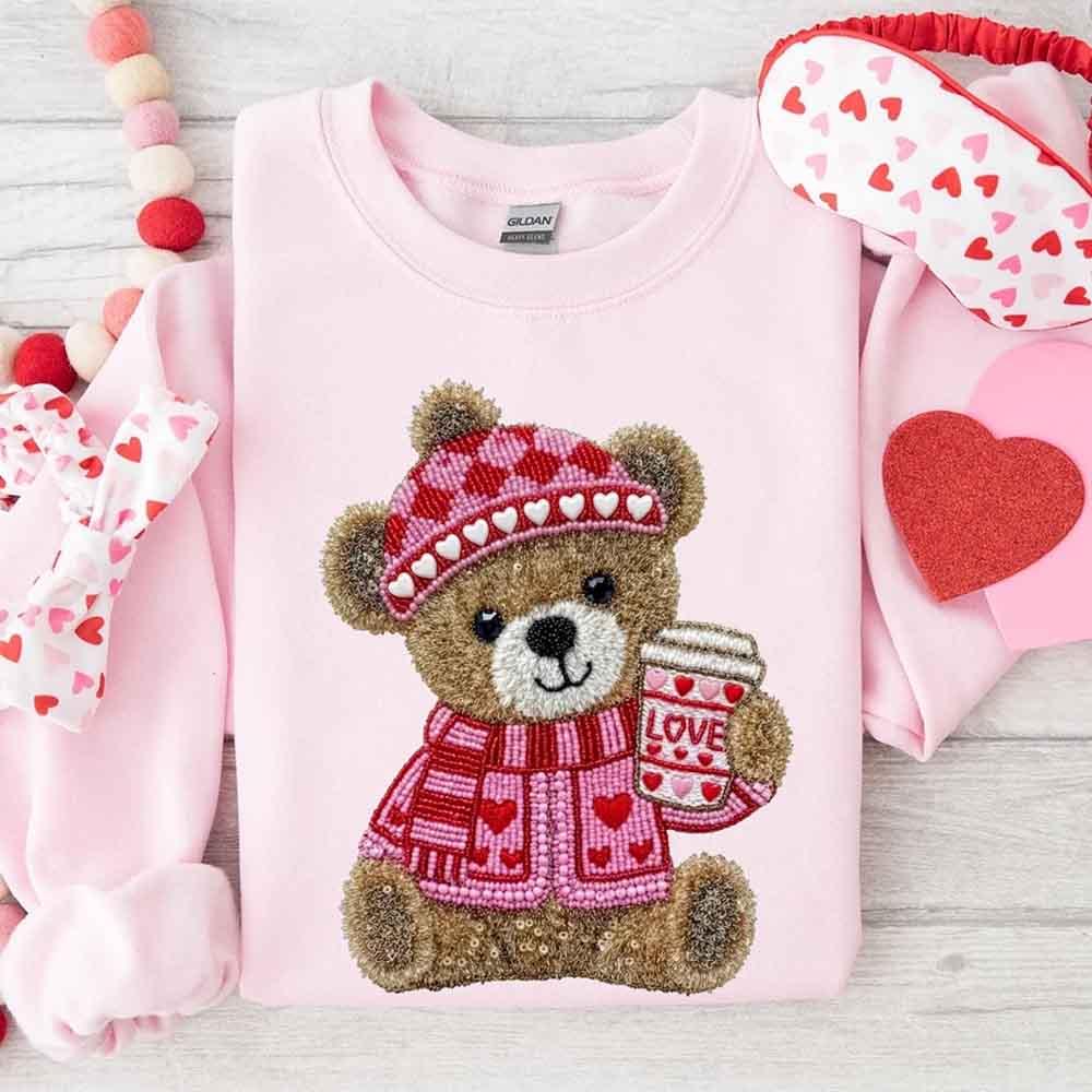 Love Coffee Teddy Valentine Sweatshirt – Furry Look 3D Print Sweater