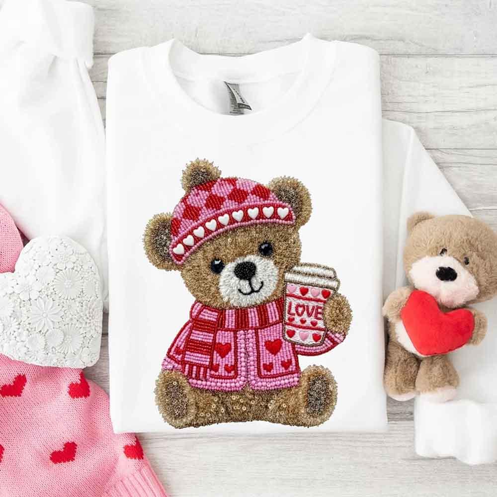 Love Coffee Teddy Valentine Sweatshirt – Furry Look 3D Print Sweater