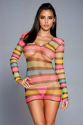 Long Sleeve Rainbow Net Mini Dress