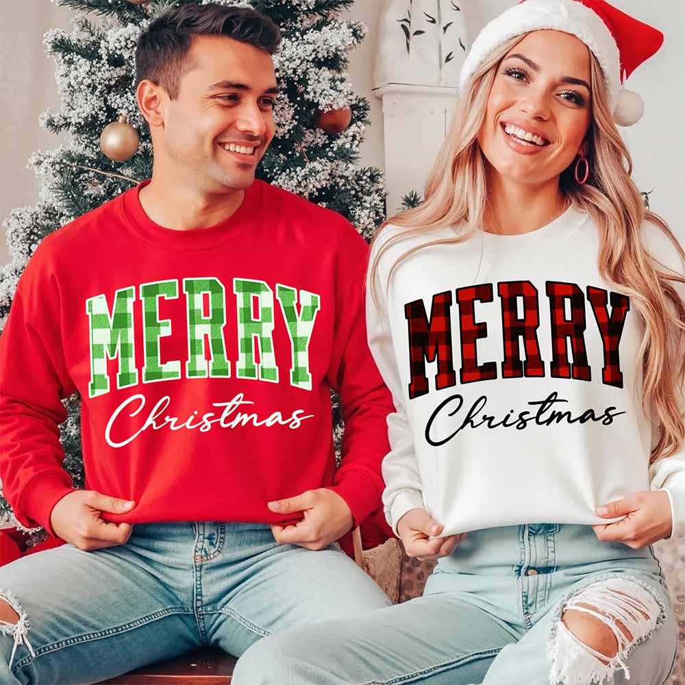 Merry Christmas Sweatshirt - Buffalo Plaid Crewneck
