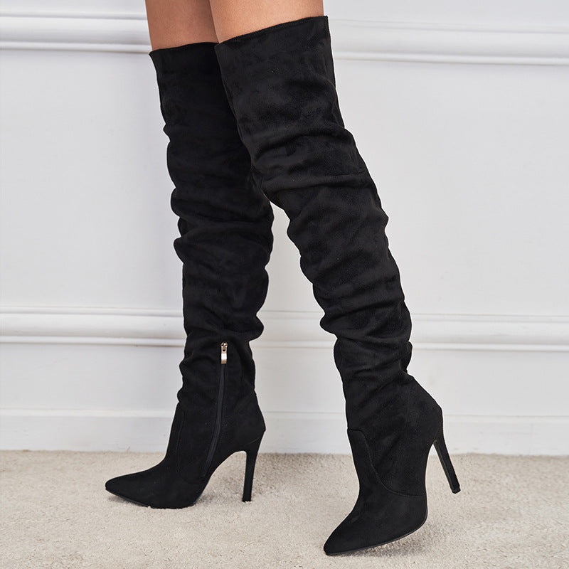 Botas Stiletto de Ante con Punta y Cremallera Alta — Estilo Chic Europeo / Americano