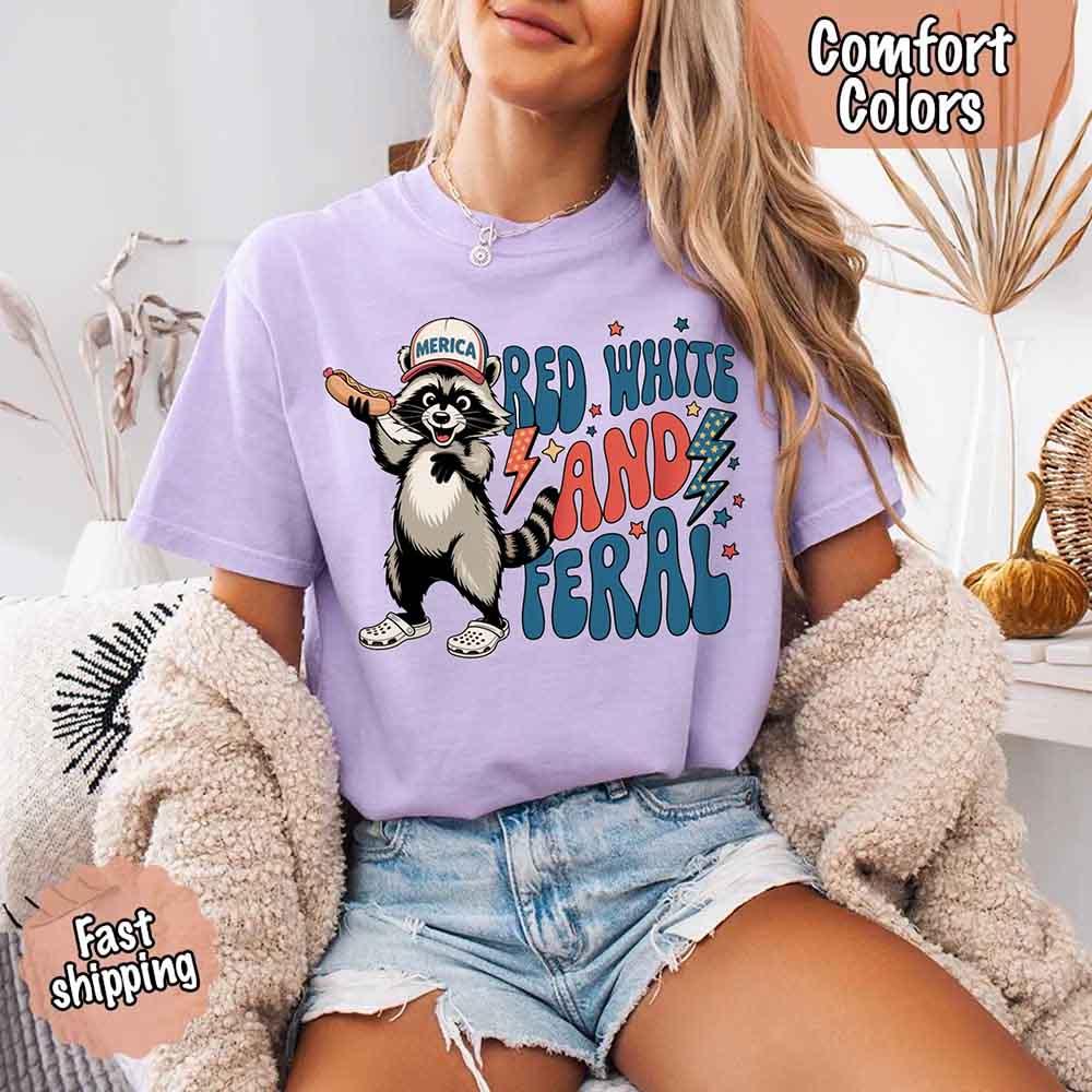 Red White & Feral Comfort Colors Tee – Funny Raccoon 4th of July Shirt