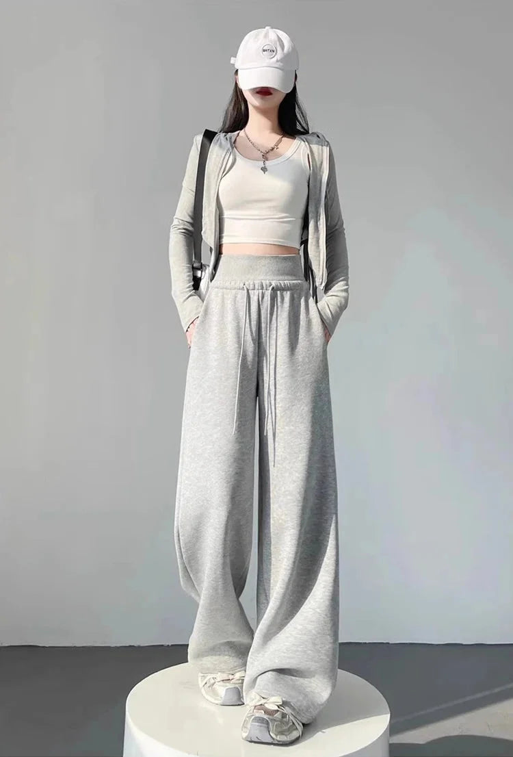 Gray High-Waist Loose Wide-Leg Straight Pants Women