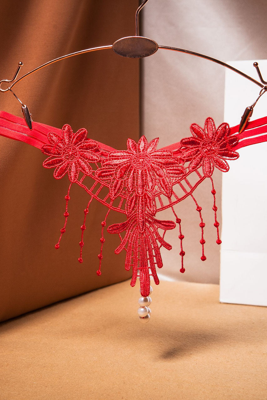 Embroidered Fringe Pearl Thong