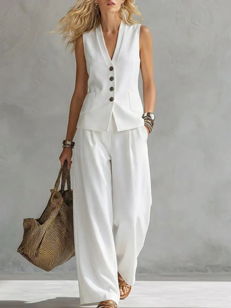 Conjunto de top sin mangas y pantalón largo de lino liso para mujer
