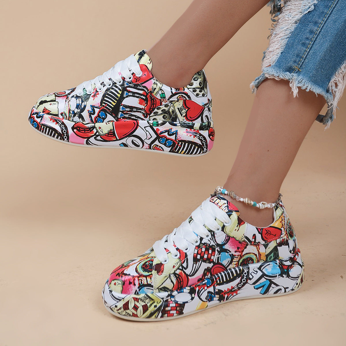 Zapatillas con Cordones de Punta Redonda y Suela Gruesa — Zapatos Casuales Estampados para Mujer