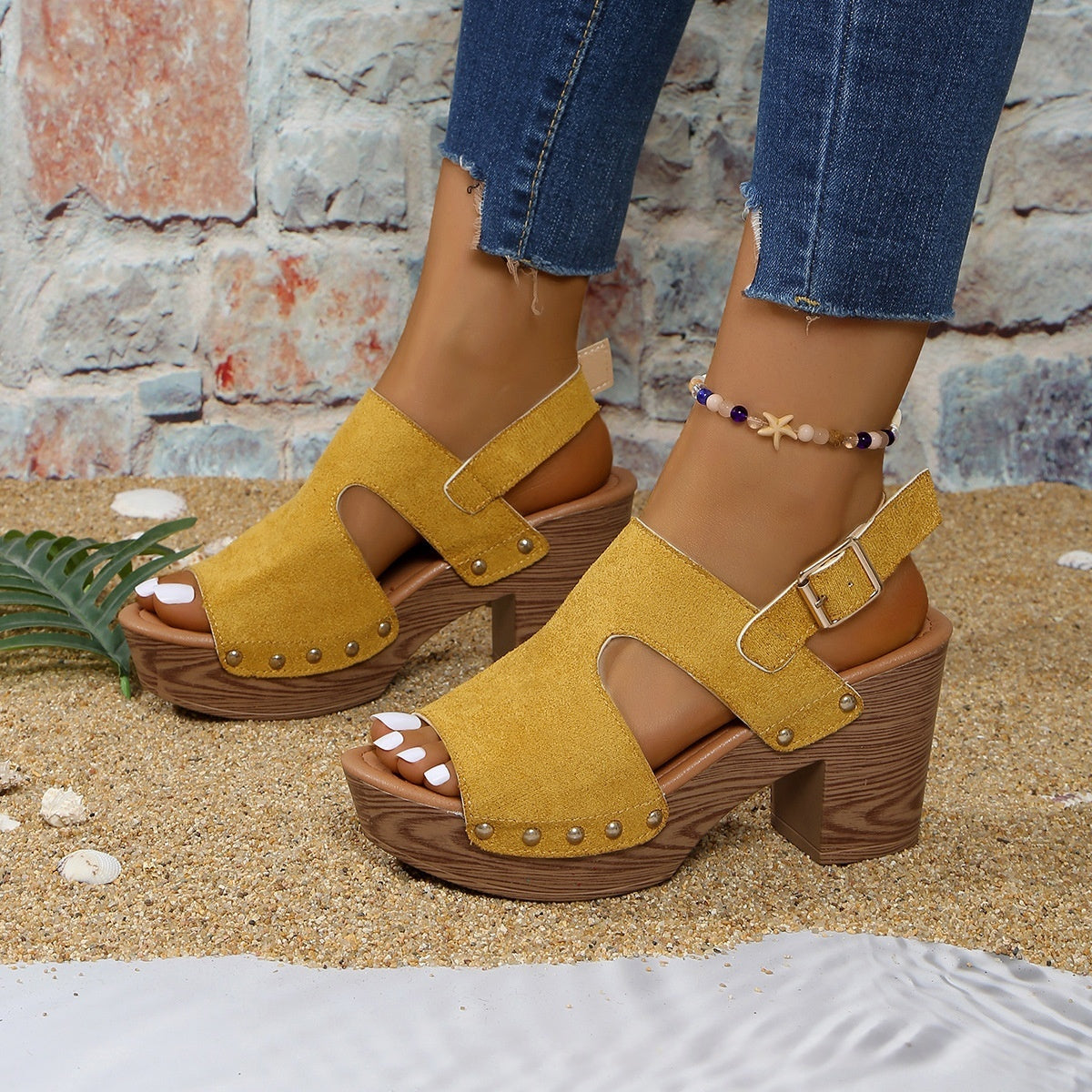 Sandalias de tacón grueso con hebilla y punta abierta para mujer