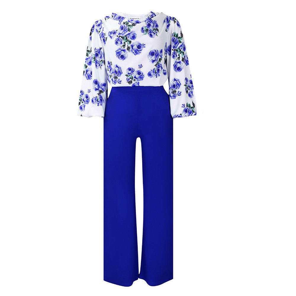 Conjunto de Top de Encaje Floral con Cordones y Pantalones Anchos Estampados – 4 Colores, S–3XL