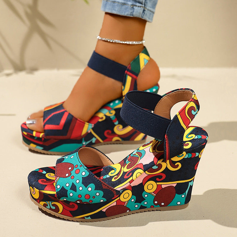Sandalias de cuña con plataforma estampadas para mujer con tira elástica en el tobillo