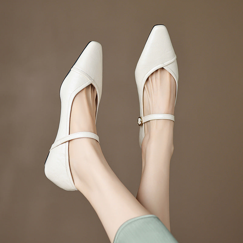Zapatos planos de vestir de mujer con puntera en punta, tacón cuadrado bajo y hebilla – Detalle floral