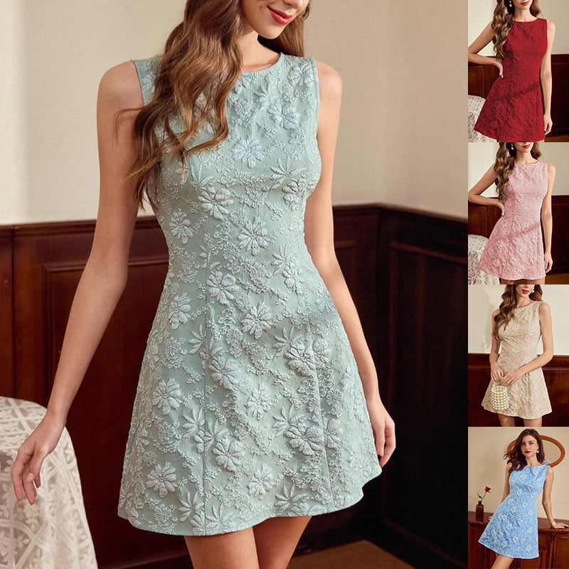 Vestido midi sin mangas de jacquard para mujer – Ajuste ceñido estilo minimalista francés
