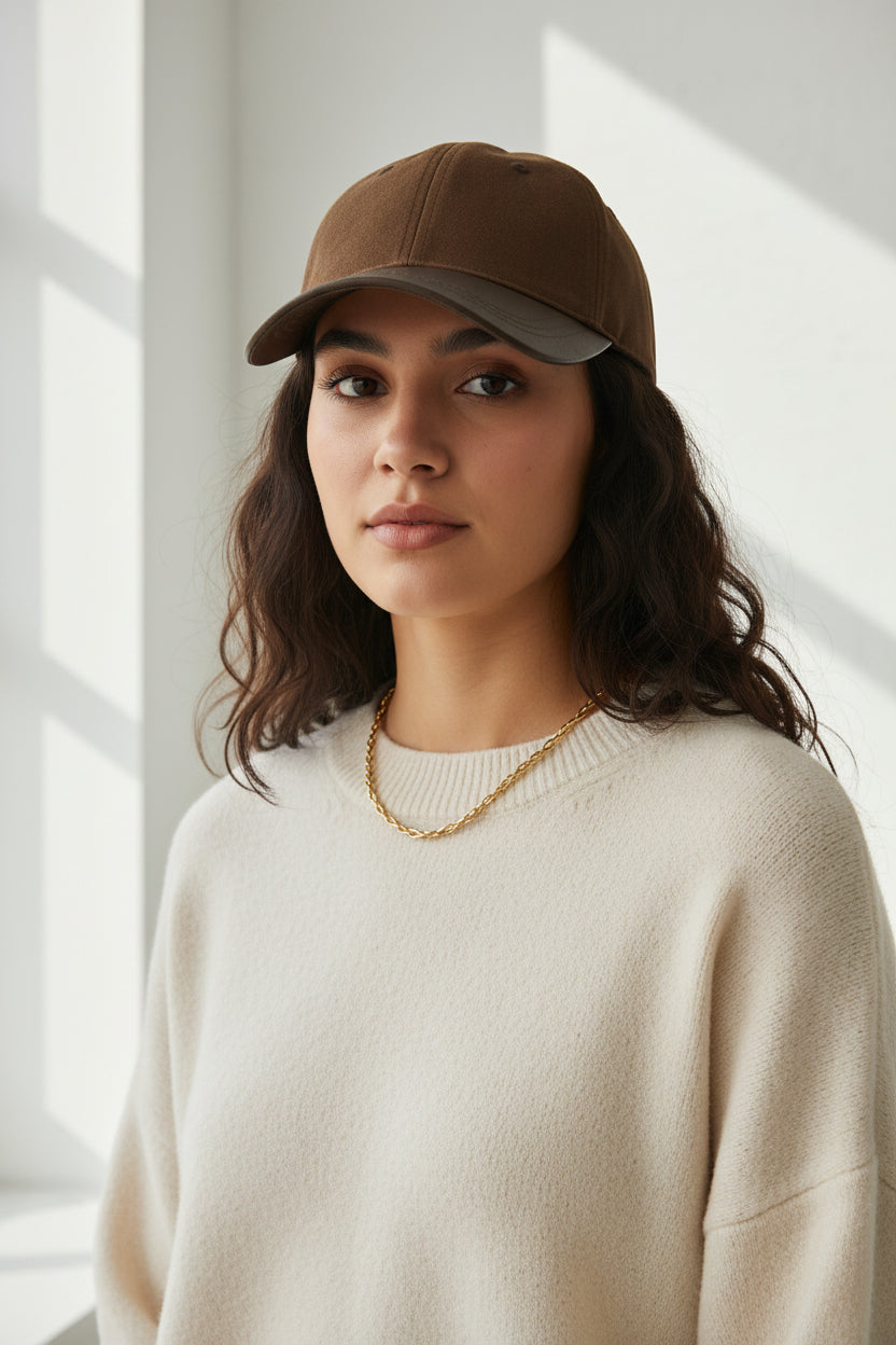 Gorra de Béisbol Retro de Ante y Piel para Mujer – Visera de Cuero, Corona Abovedada