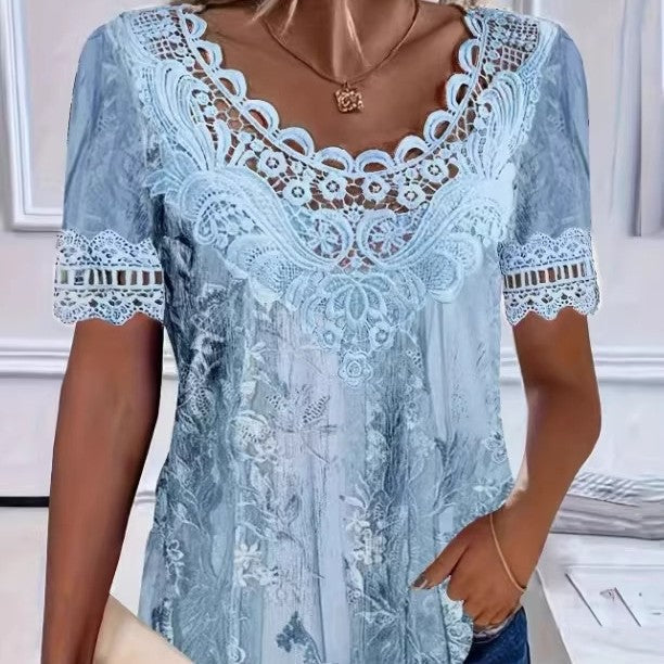 Camiseta de manga corta con cuello redondo y patchwork de encaje para mujer