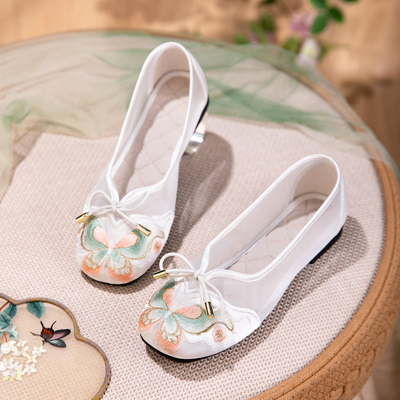 Manoletinas de malla con bordado de mariposas para mujer – Zapatos transpirables con lazo