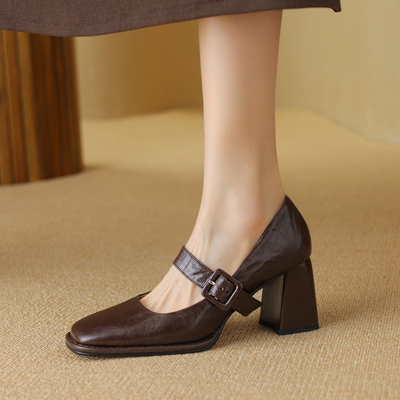Zapatos de tacón Mary Jane de piel de oveja para mujer – Zapatos de tacón grueso con puntera cuadrada y hebilla