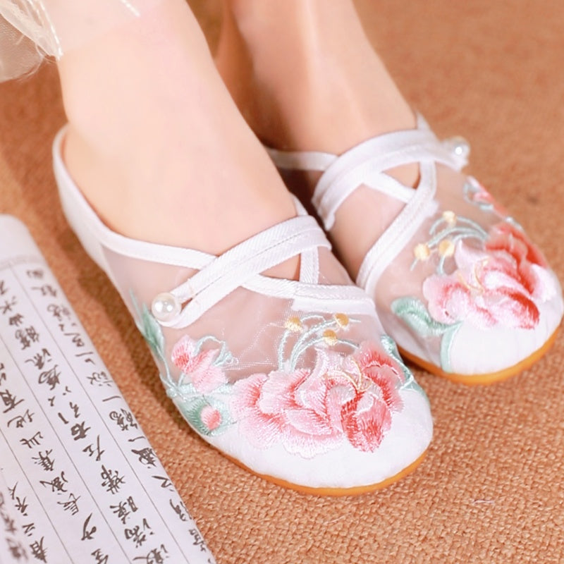 Zapatos planos retro calados transpirables con bordado floral para mujer