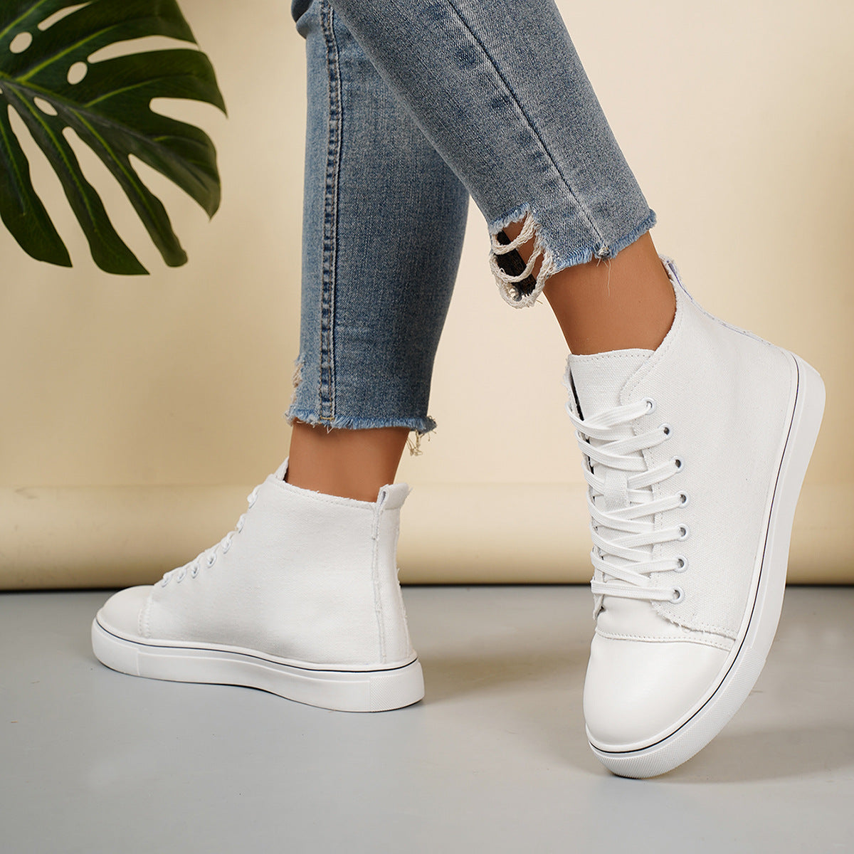 Zapatillas altas de lona para mujer – Zapatos planos informales con cordones