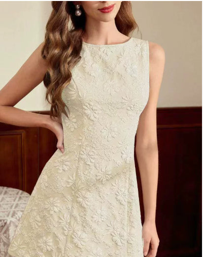 Vestido midi sin mangas de jacquard para mujer – Ajuste ceñido estilo minimalista francés