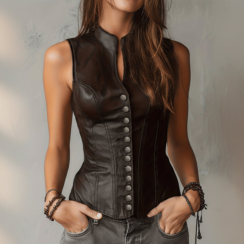 Women's Slim-Fit Button-Front Sleeveless PU Leather Vest