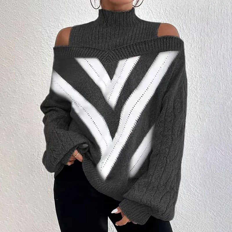 Suéter elegante de cuello alto y hombros descubiertos para mujer - Top de punto de manga larga