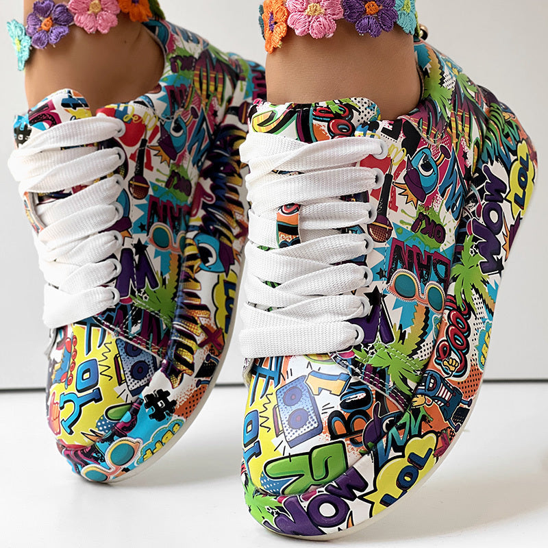 Zapatillas con Cordones de Punta Redonda y Suela Gruesa — Zapatos Casuales Estampados para Mujer