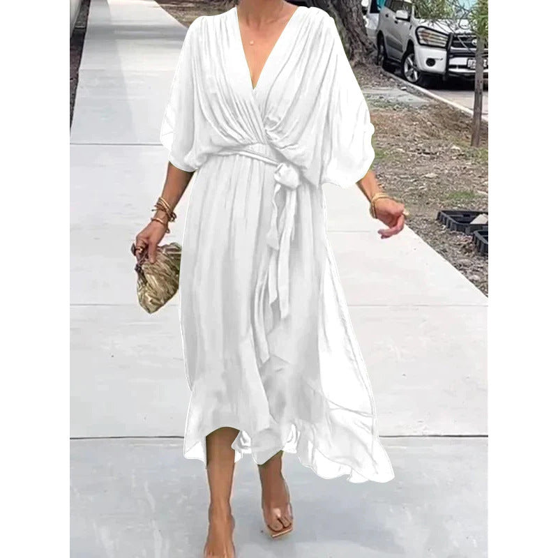 Vestido midi con cuello de pico y mangas murciélago – Vestido de hadas con bajo irregular anudado