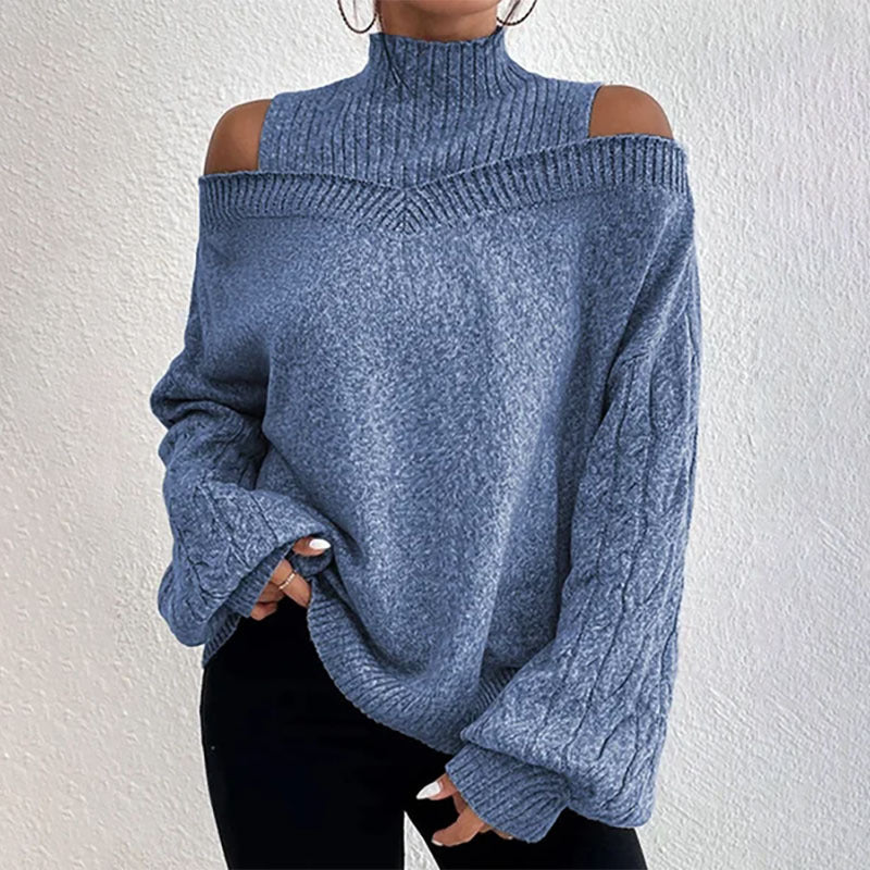 Suéter elegante de cuello alto y hombros descubiertos para mujer - Top de punto de manga larga