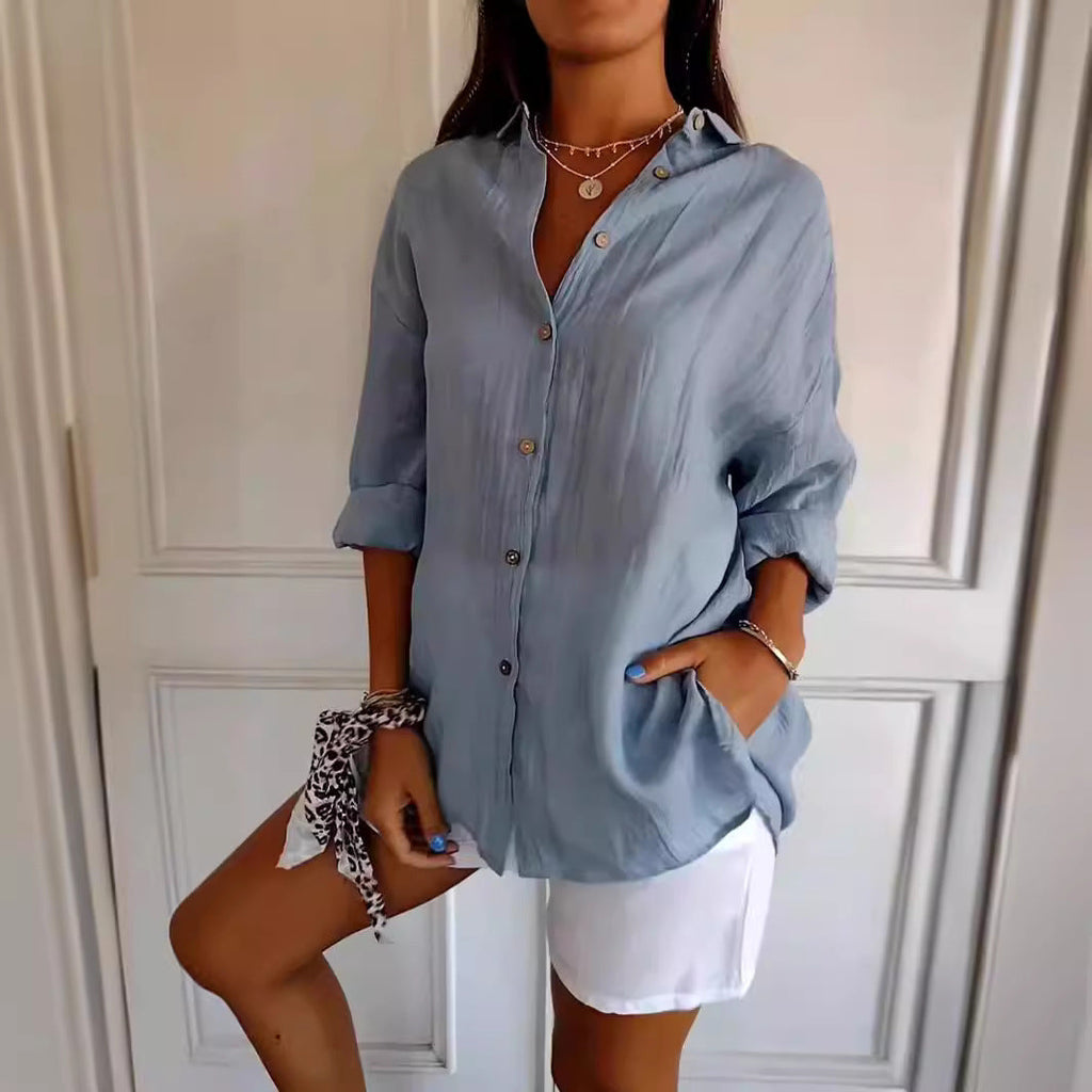 Women's Oversized Lapel Button-Down Shirt with Pleated Back