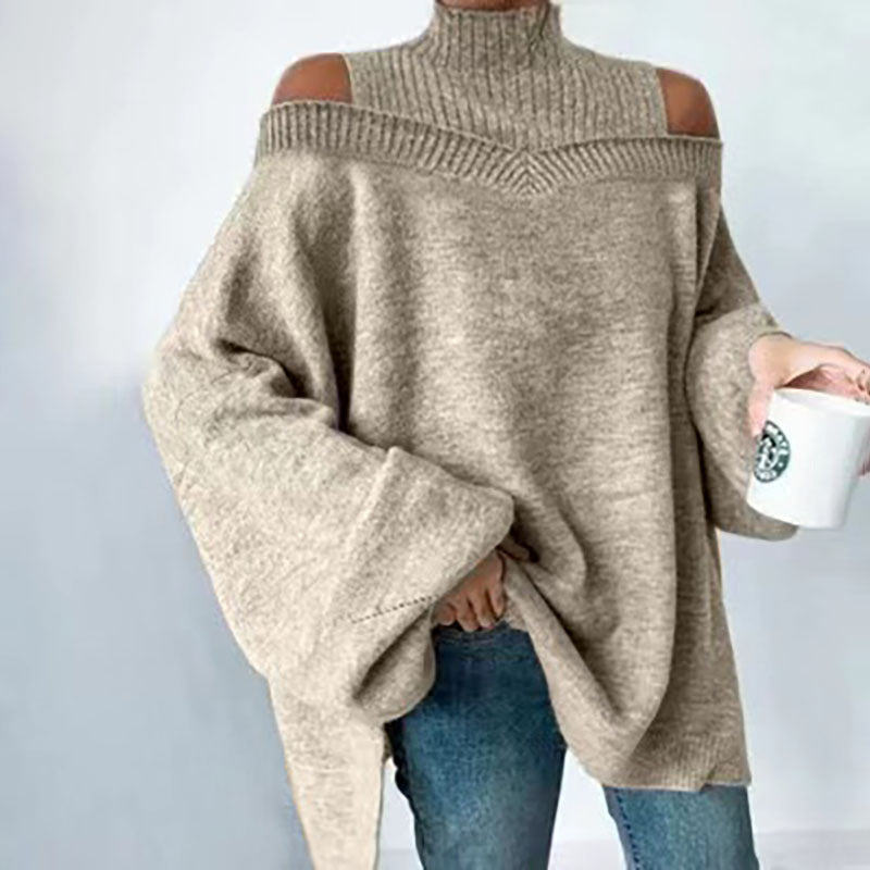 Suéter elegante de cuello alto y hombros descubiertos para mujer - Top de punto de manga larga