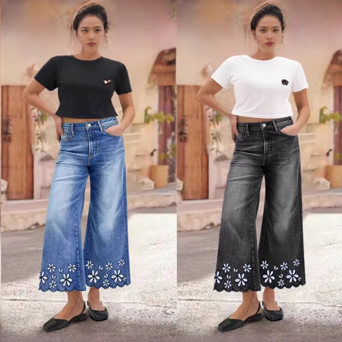 Vaqueros Cortos de Mezclilla Bordados con Crisantemos - Pierna Recta Holgada para Mujer
