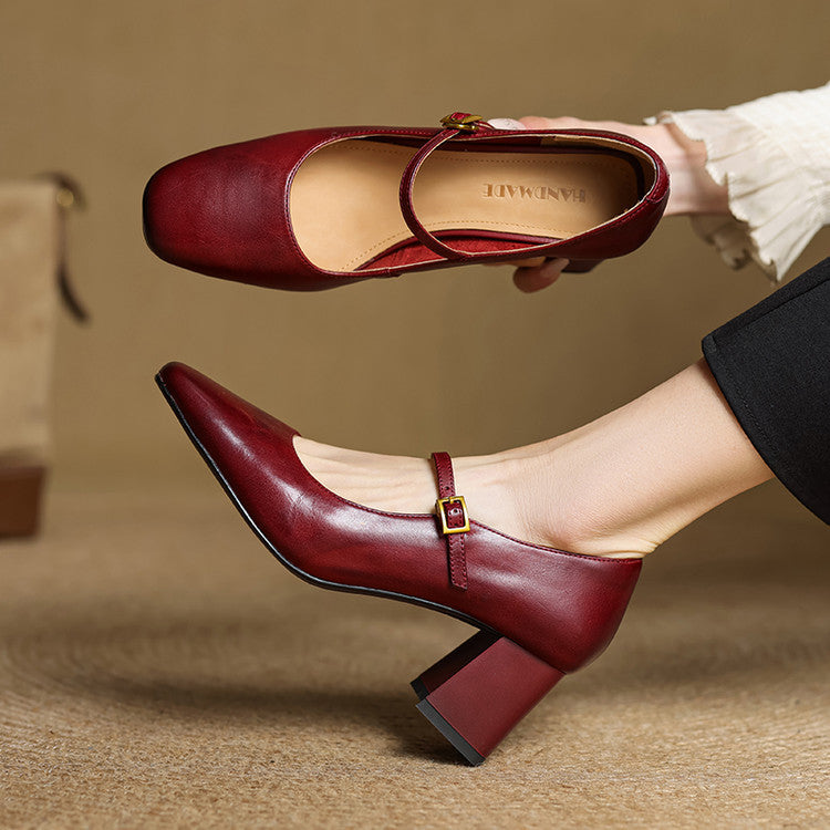 Zapatos de salón Mary Jane de cuero auténtico con tacón de bloque para mujer