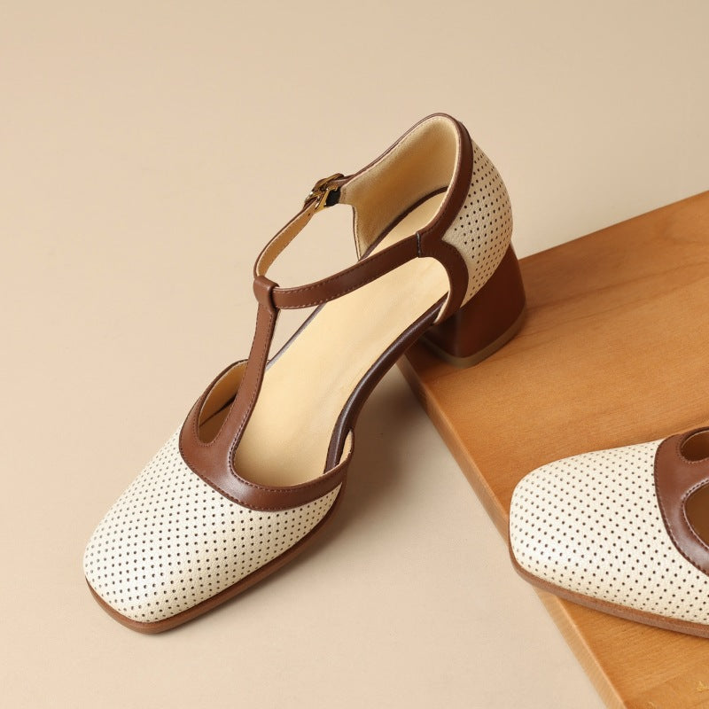 Sandalias de tacón bajo con tira en T de cuero para mujer