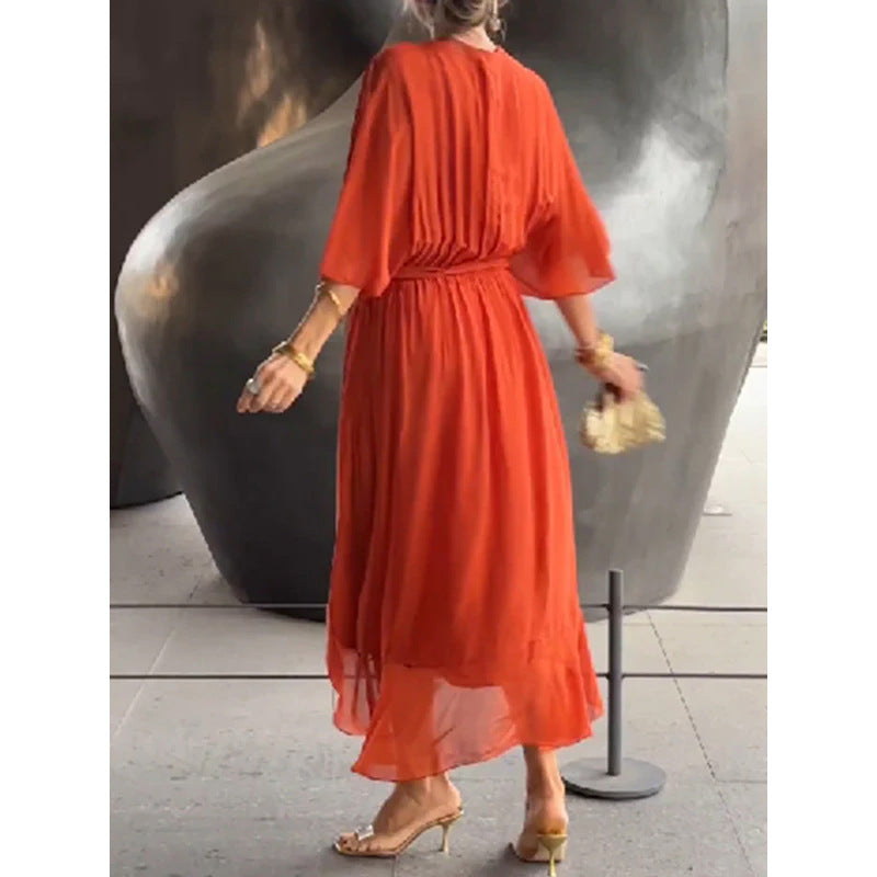 Vestido midi con cuello de pico y mangas murciélago – Vestido de hadas con bajo irregular anudado