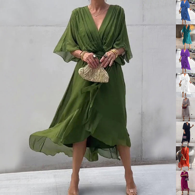 Vestido midi con cuello de pico y mangas murciélago – Vestido de hadas con bajo irregular anudado