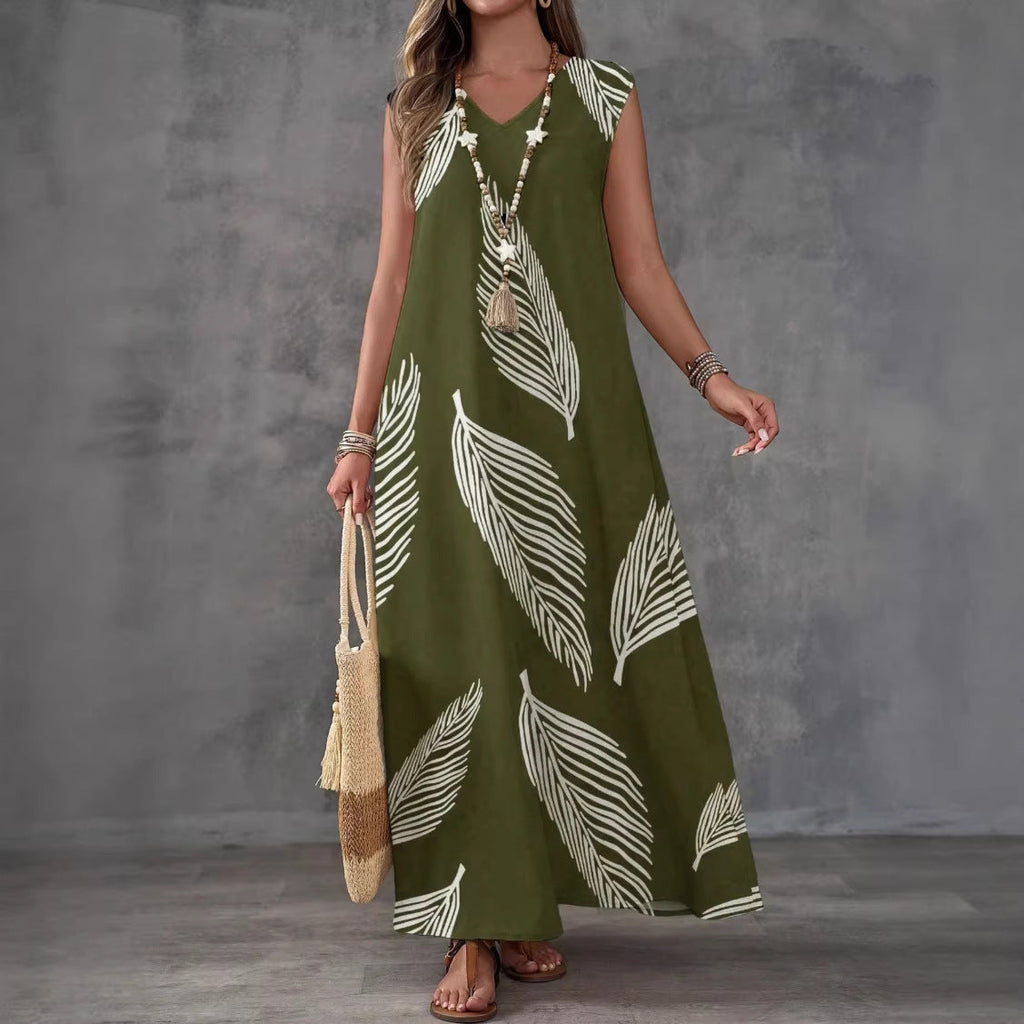Maxivestido estampado sin mangas con cuello de pico y talle alto | 3 colores