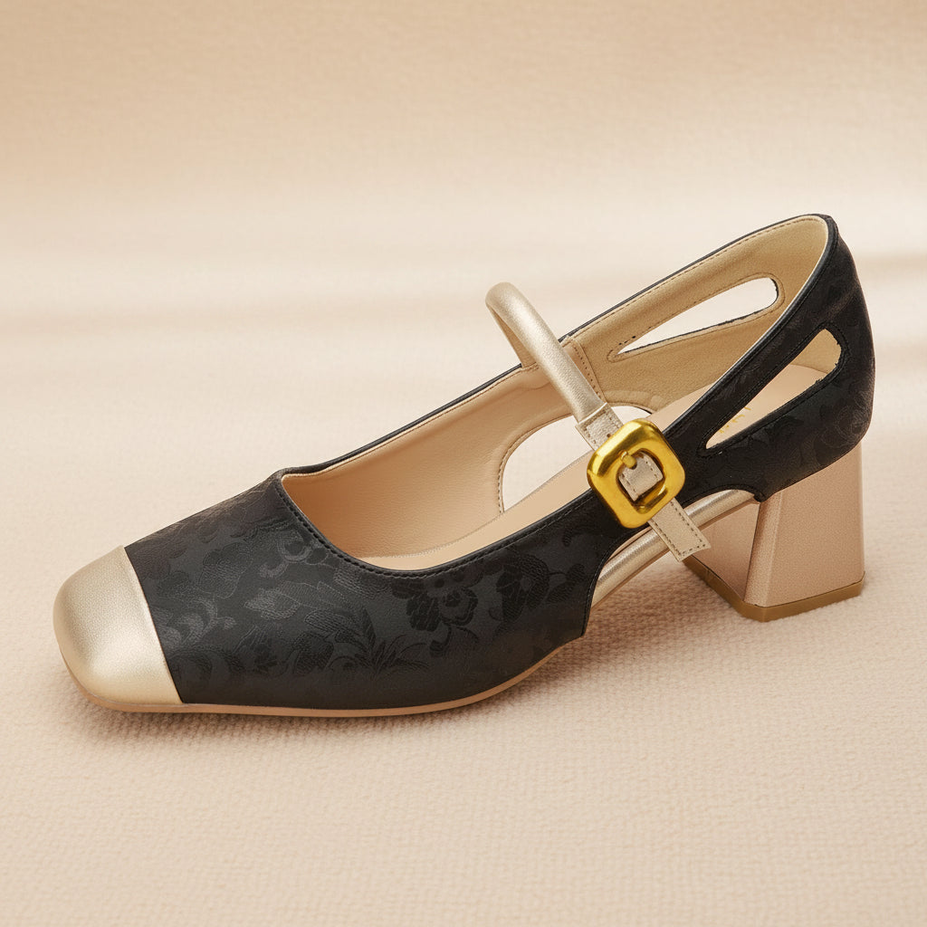 Tacones Chunky Mary Jane de Punta Cuadrada para Mujer – Correa con Hebilla de Suela Suave