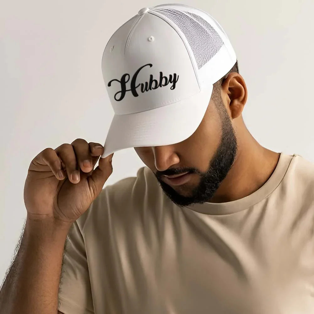 Embroidered Hubby Trucker Hat – Classic Mesh Cap for Wedding or Anniversary