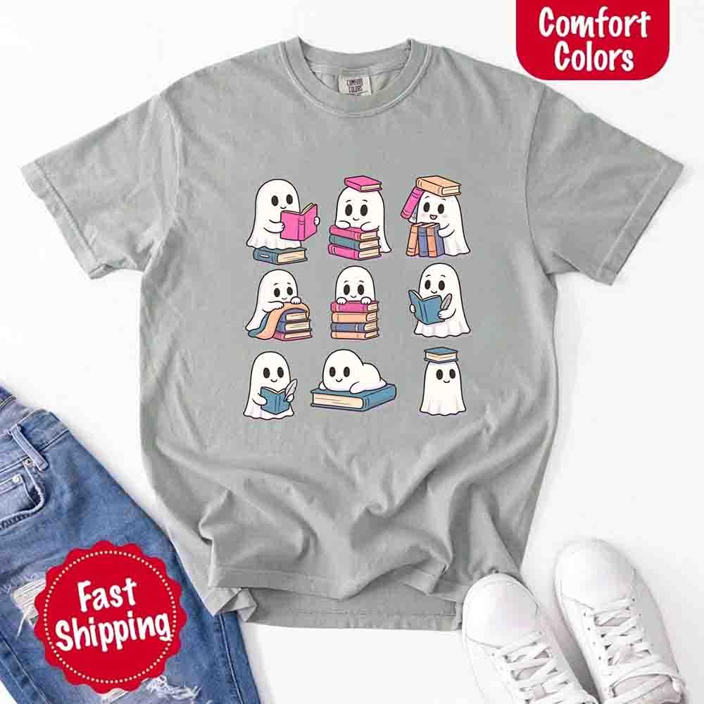Ghost Reading Comfort Colors Shirt – Spooky Book Lover Halloween Tee